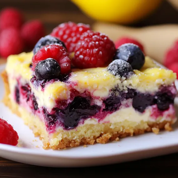 A slice of cake with blueberries and raspberries on top.