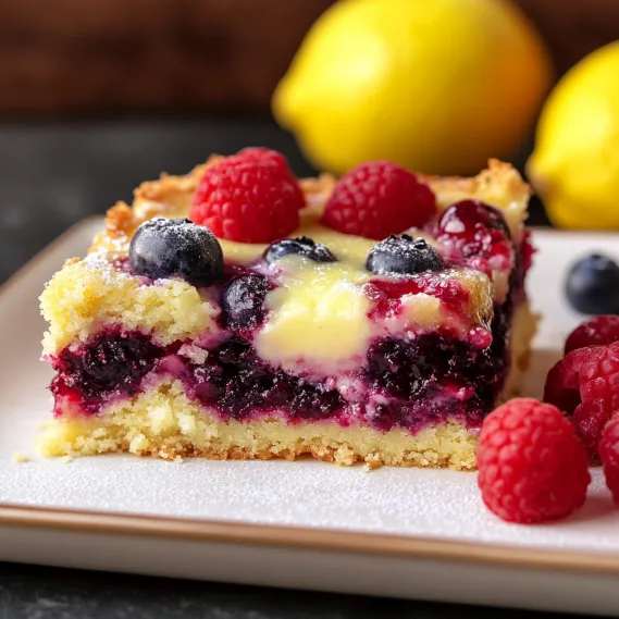 A slice of cake with blueberries and raspberries on top.