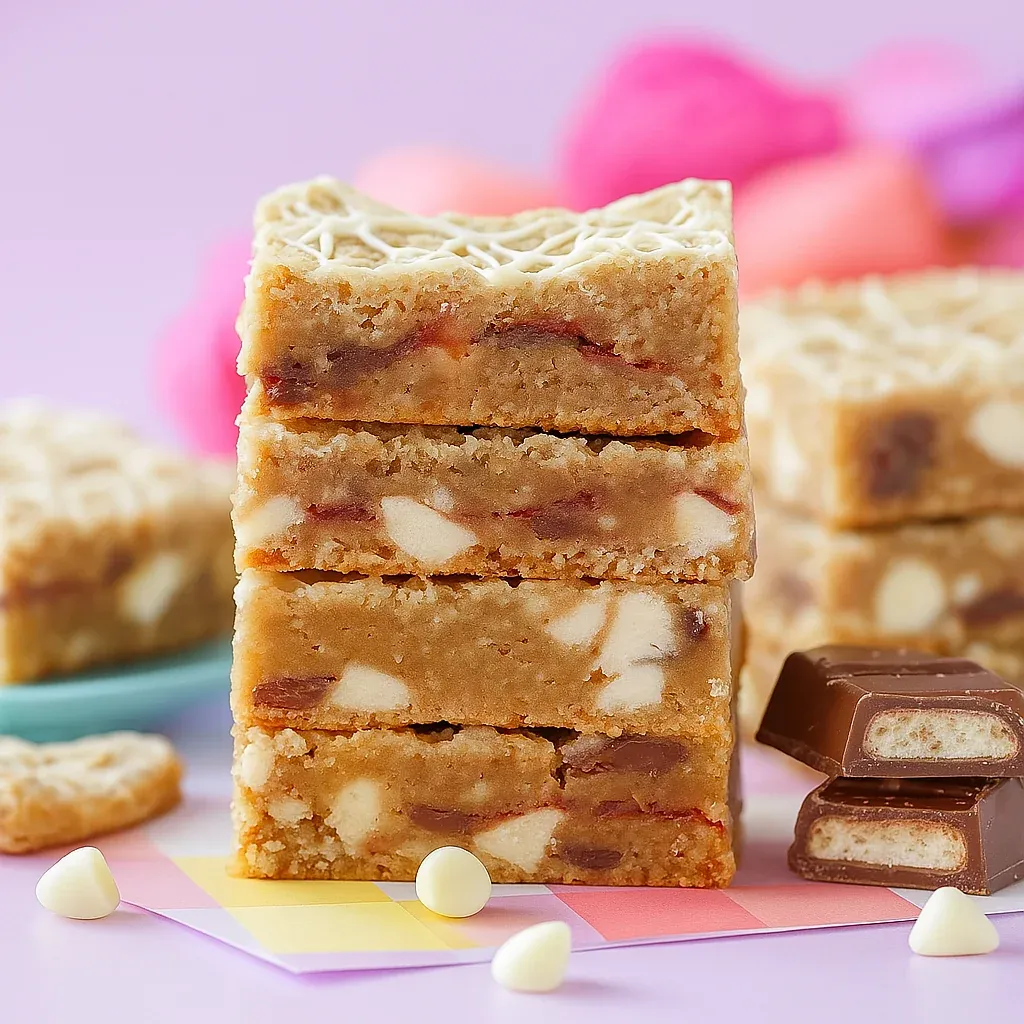 A stack of dessert bars with chocolate and white toppings.