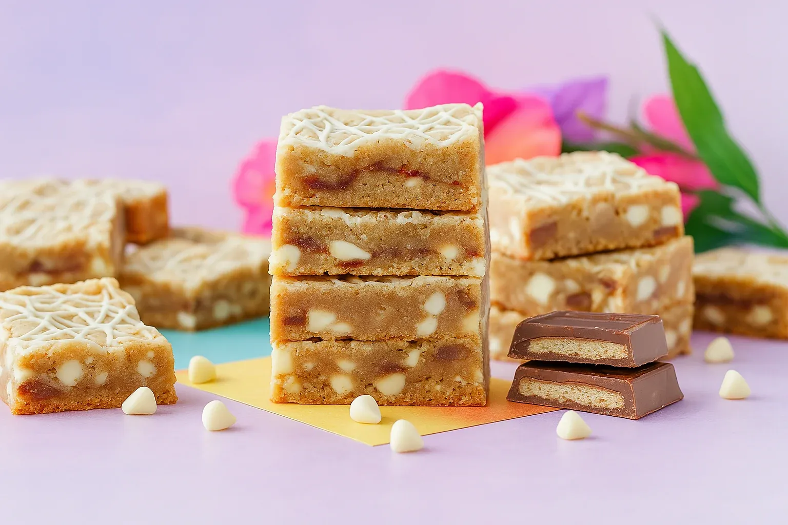 A stack of dessert bars with white icing and chocolate chips.