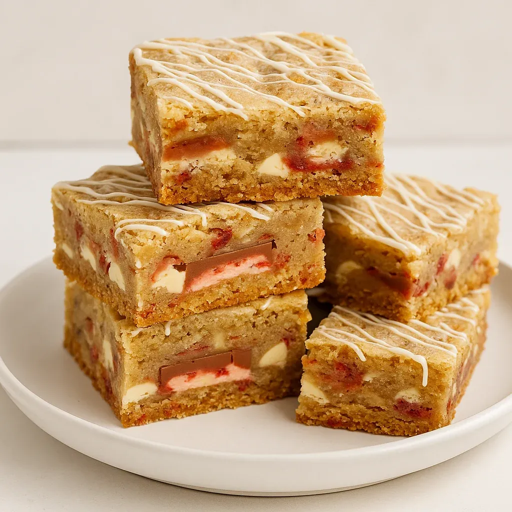 A stack of dessert bars on a plate.