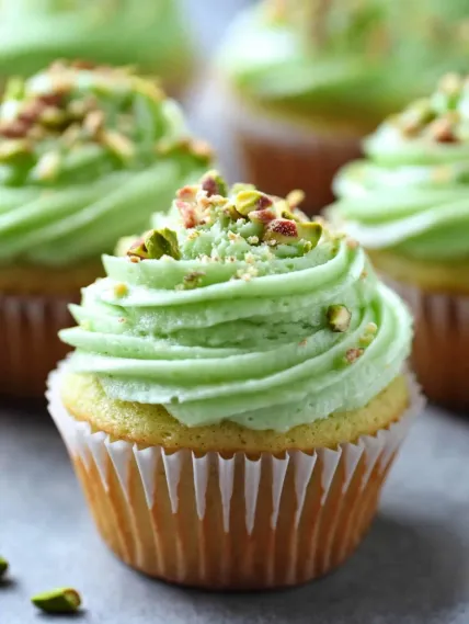 A cupcake with green frosting and nuts on top.