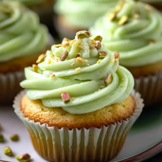 A cupcake with green frosting and nuts on top.