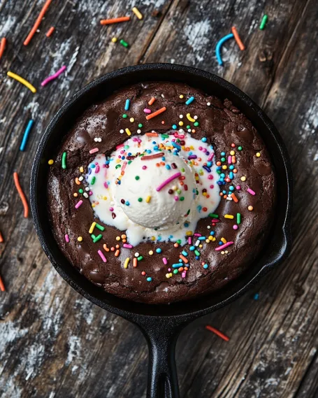 A pan of chocolate chip cookies with a scoop of vanilla ice cream on top.