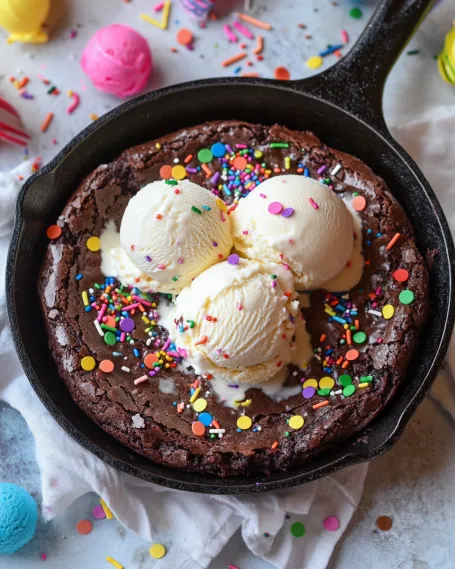 A chocolate chip cookie with three scoops of vanilla ice cream.