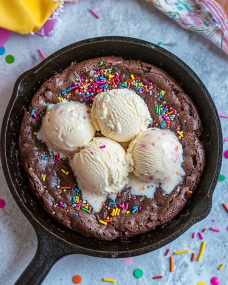 A pan of chocolate chip cookies with vanilla ice cream on top.