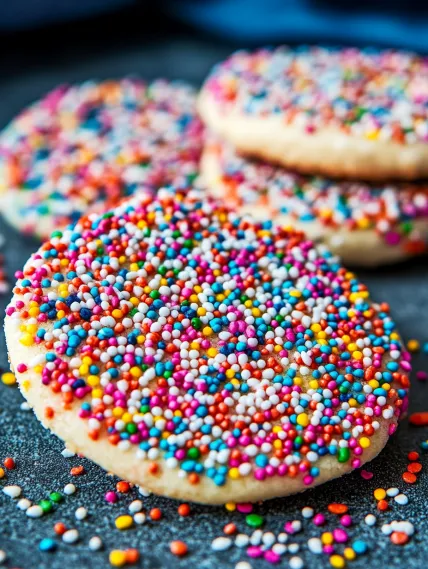 A colorful cookie with sprinkles on top.