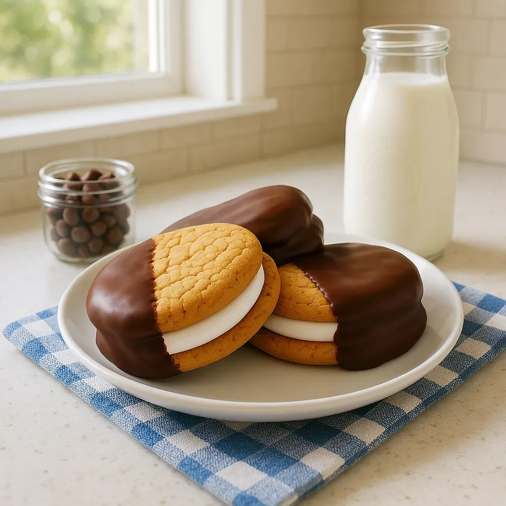 A close-up of soft cookies dipped in chocolate on a plate.