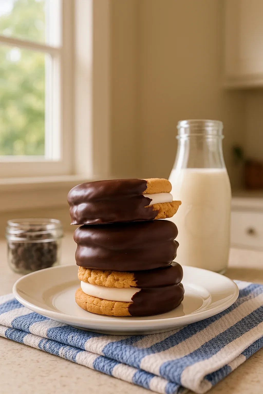 A stack of chocolate cookies with white frosting.