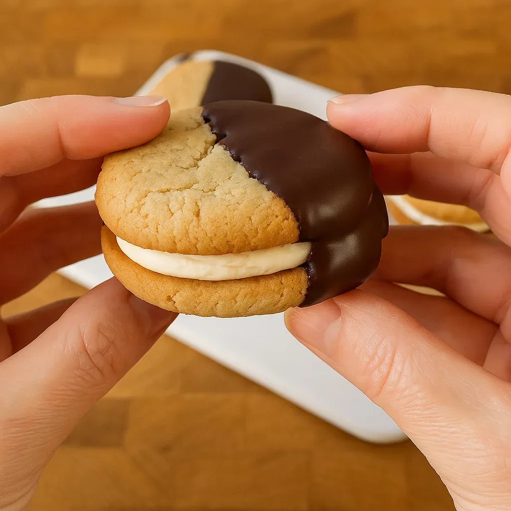 A person holding a cookie with chocolate and white frosting.