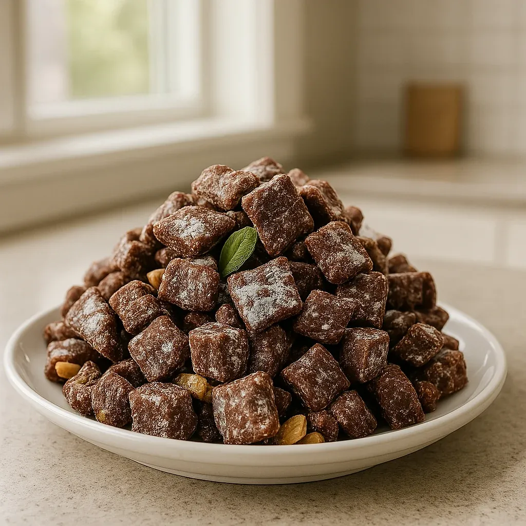 A bowl filled with a sweet chocolate snack topped with a green garnish.