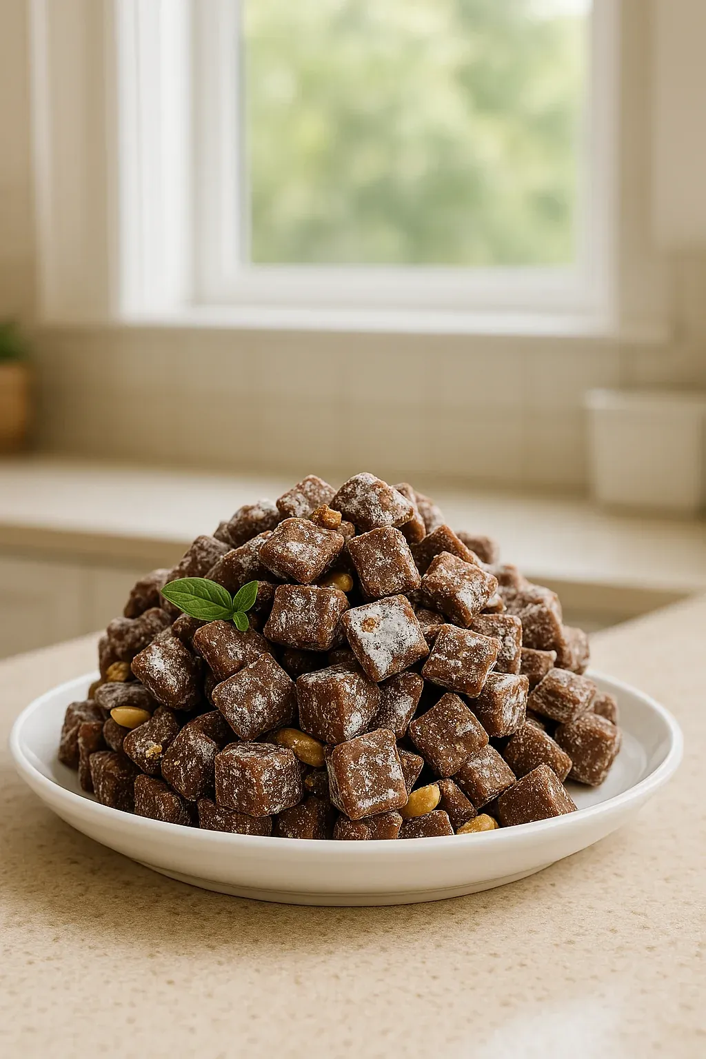 A white plate with a pile of brown sugar cubes.