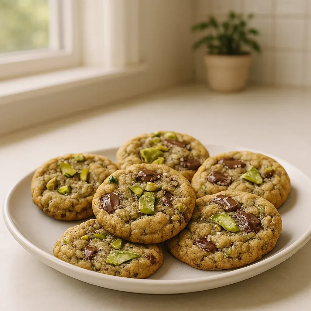 Cookies with melted chocolate and pistachio cream on a plate.