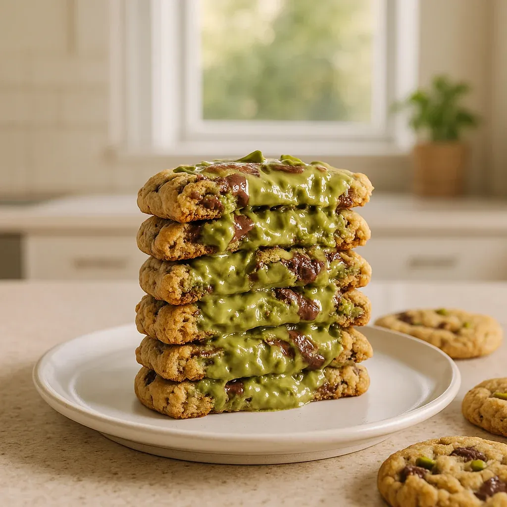 A stack of cookies with green frosting.