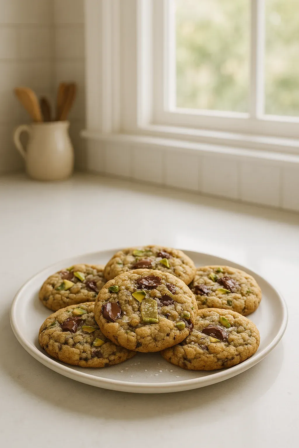 A plate of cookies with chocolate chips.