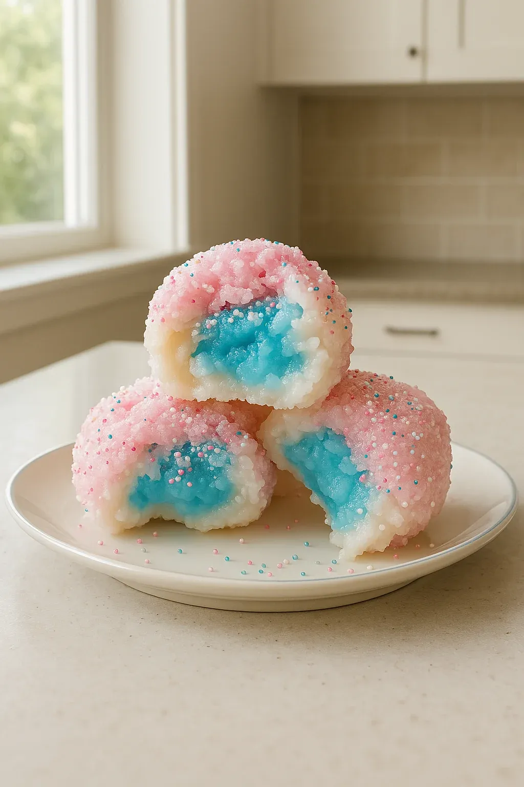 A plate of three donuts with pink and blue frosting.