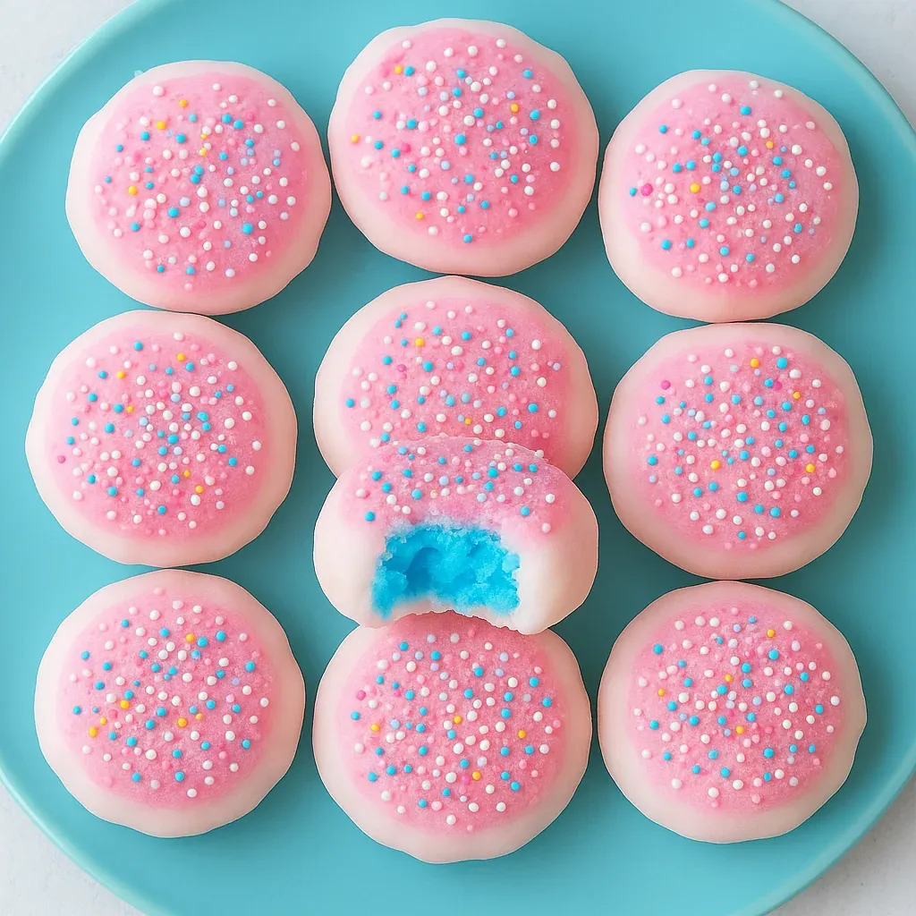 A plate of pink cookies with blue frosting.