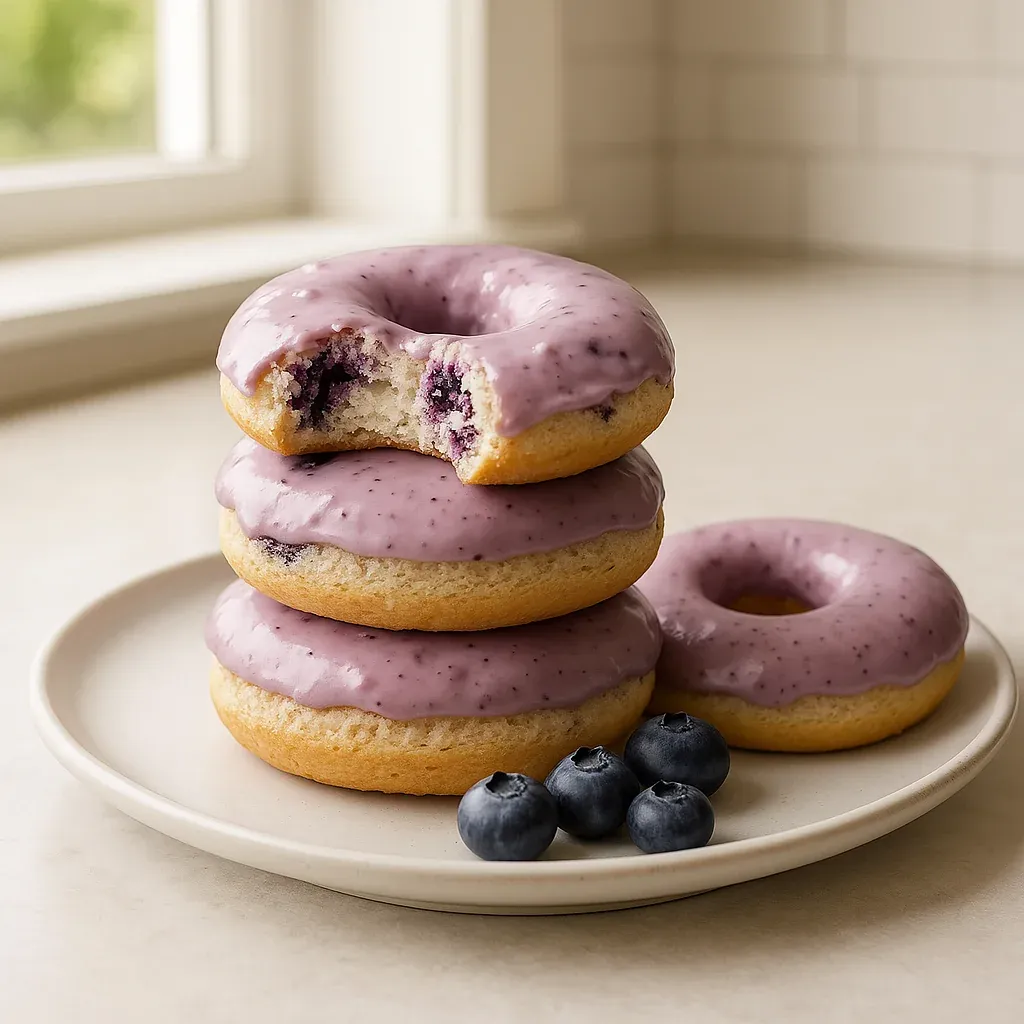 Stacked donuts with purple glaze and fresh blueberries on top.