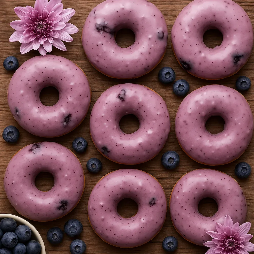 Pink frosted donuts with blueberries.