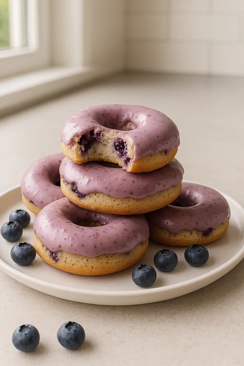 Stack of purple donuts with blueberries on top.