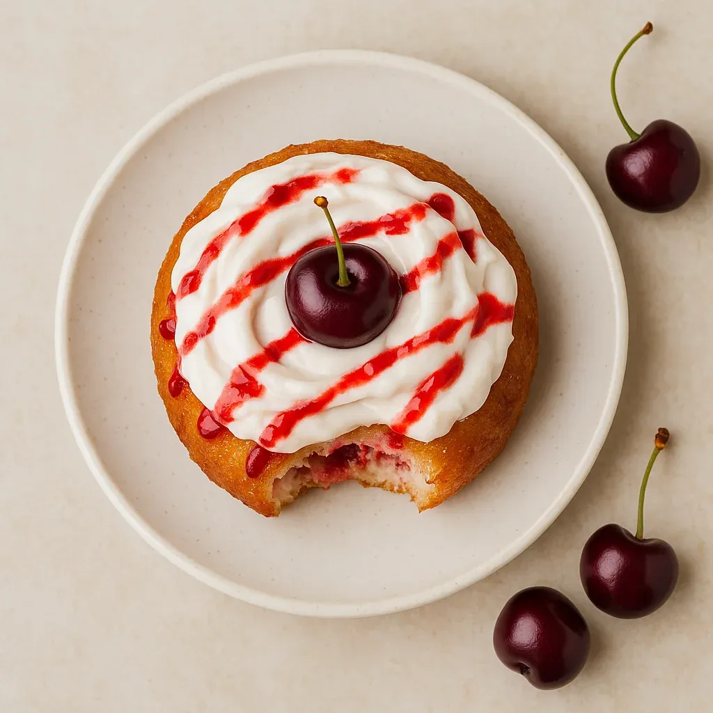 A cherry on top of a donut.