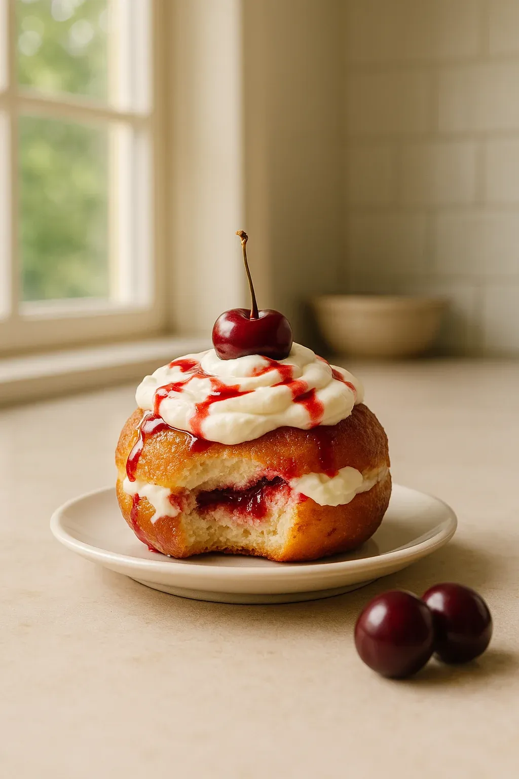 A cherry on top of a pastry.