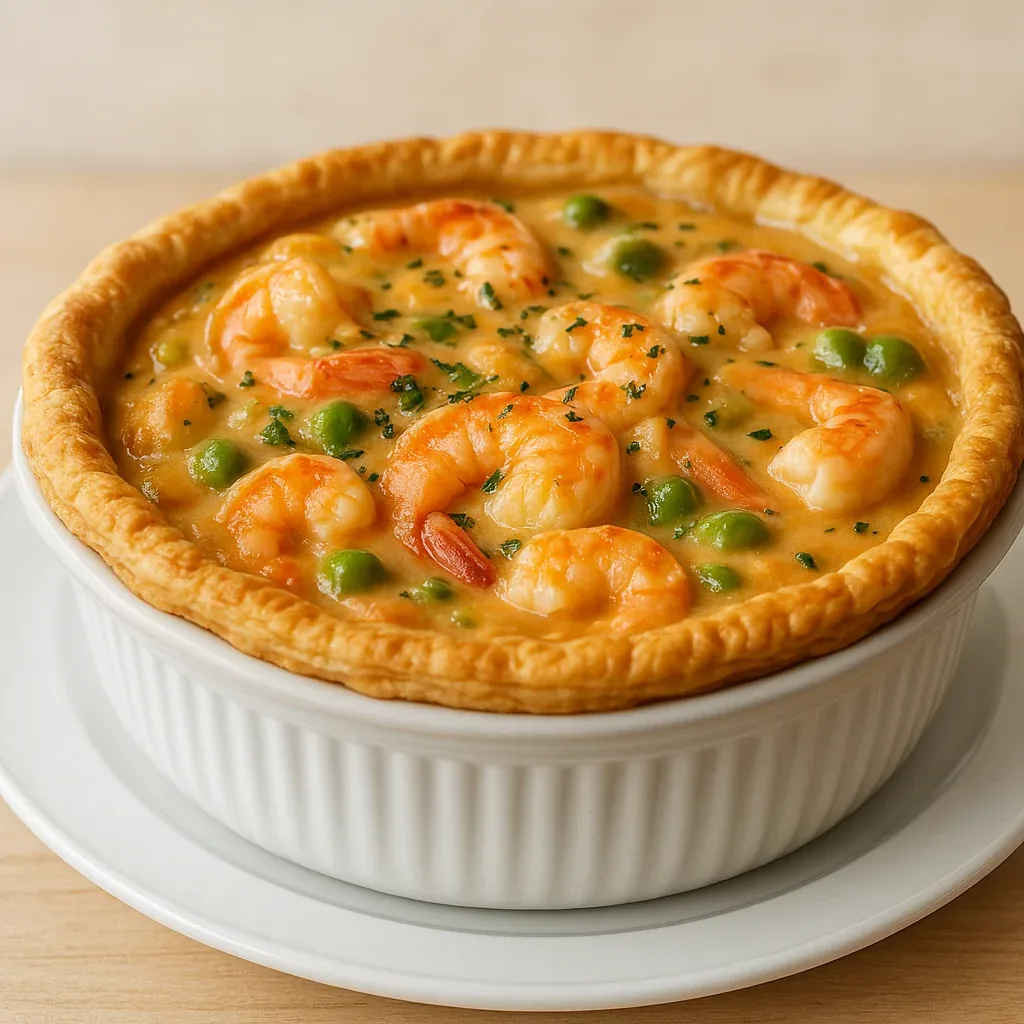 A white bowl filled with shrimp and peas.