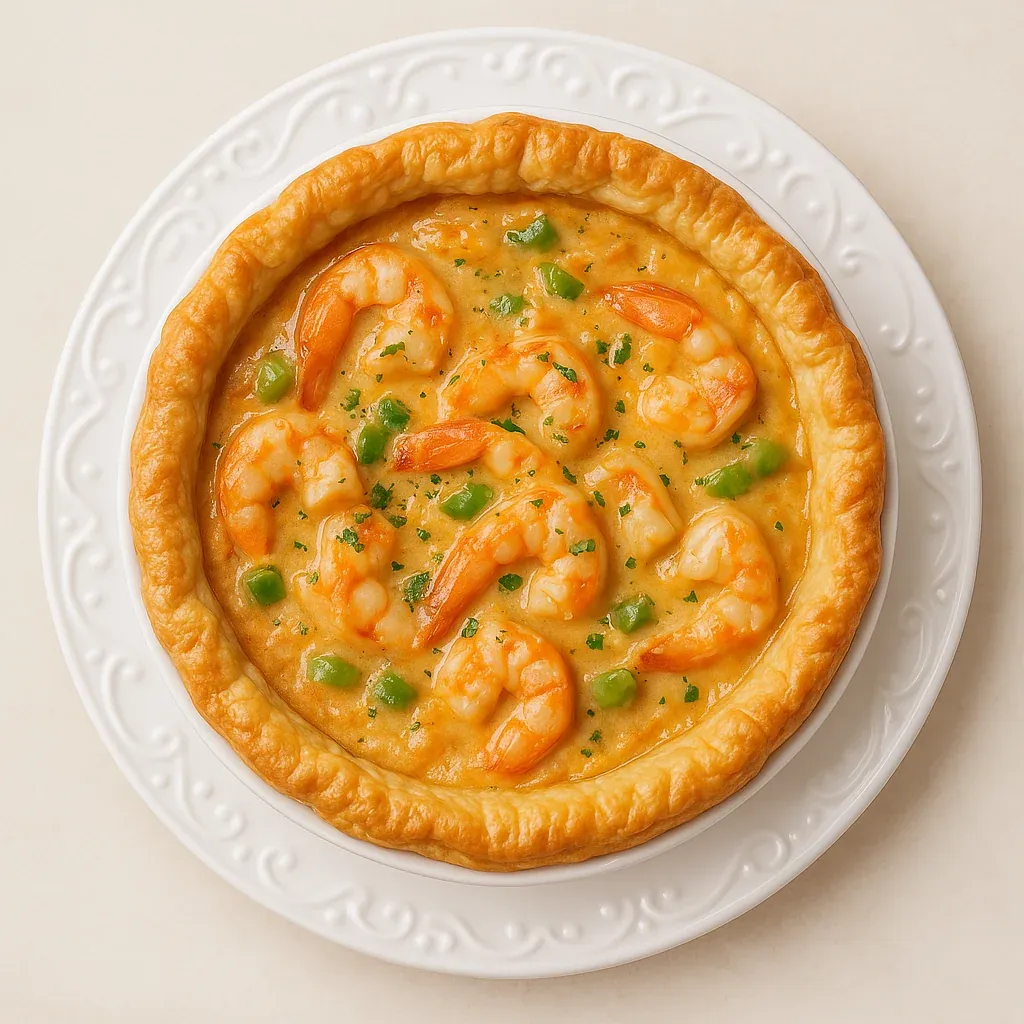 A white plate with a shrimp and pea pie.
