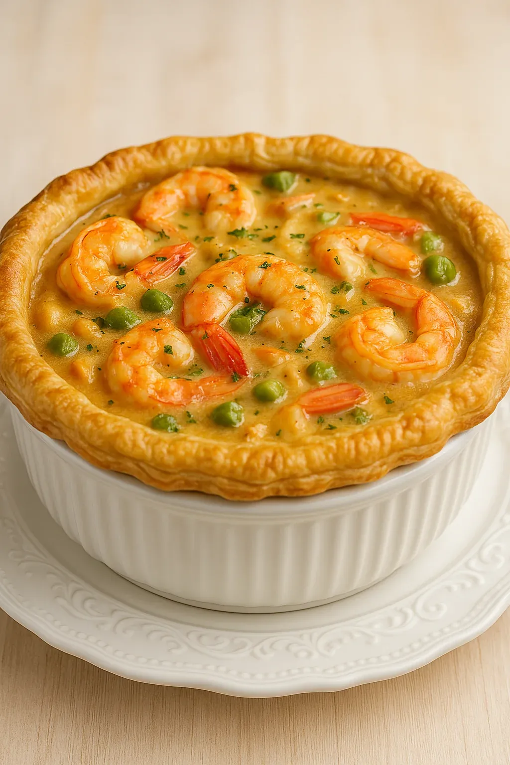 A white bowl with a shrimp and pea pie.