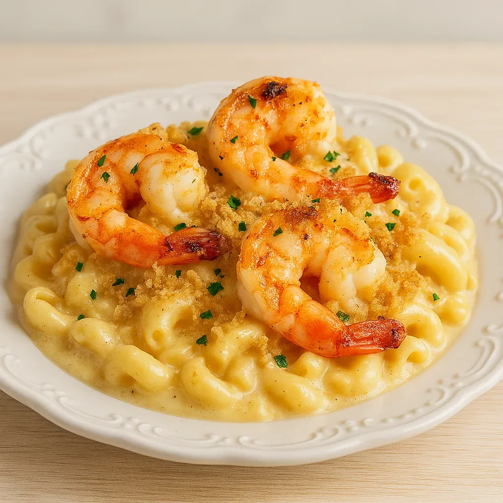 Shrimp pasta served on a plate.