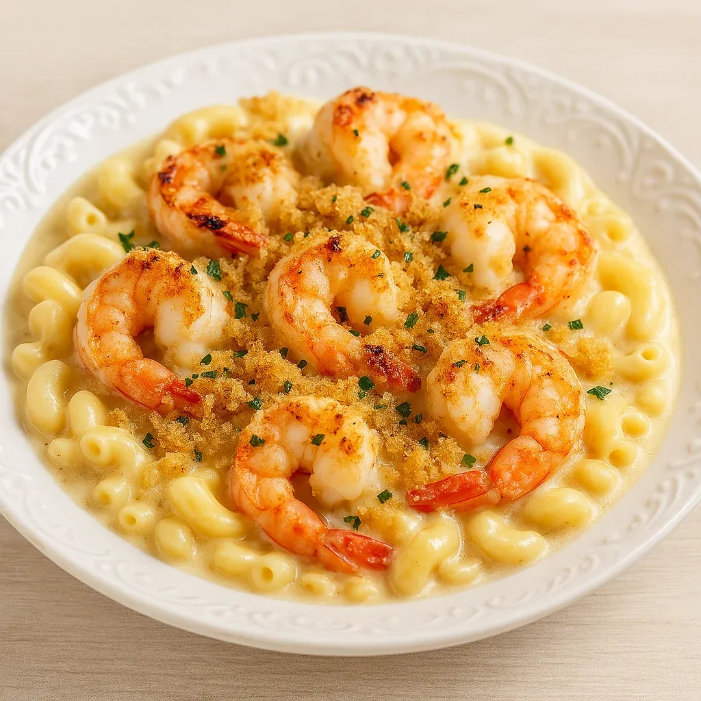 A plate of shrimp and pasta.