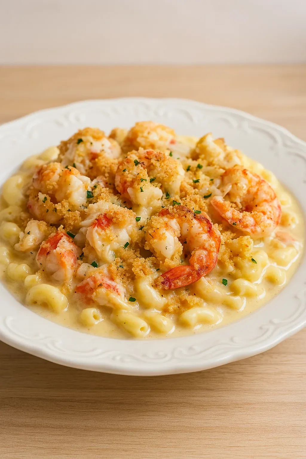 A plate of shrimp and pasta.