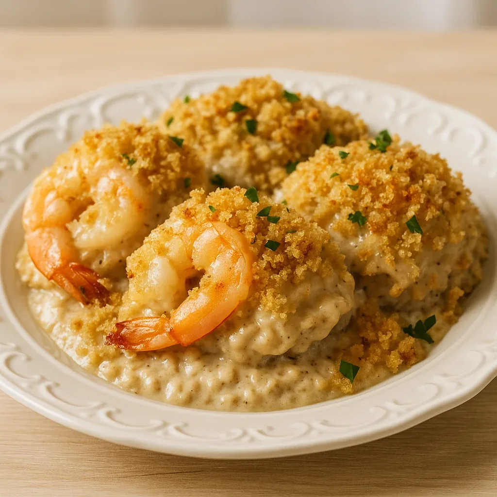 Plate filled with shrimp and rice.