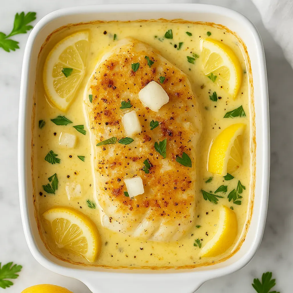 A bowl of cod in creamy coconut sauce with fresh lemon slices on top.