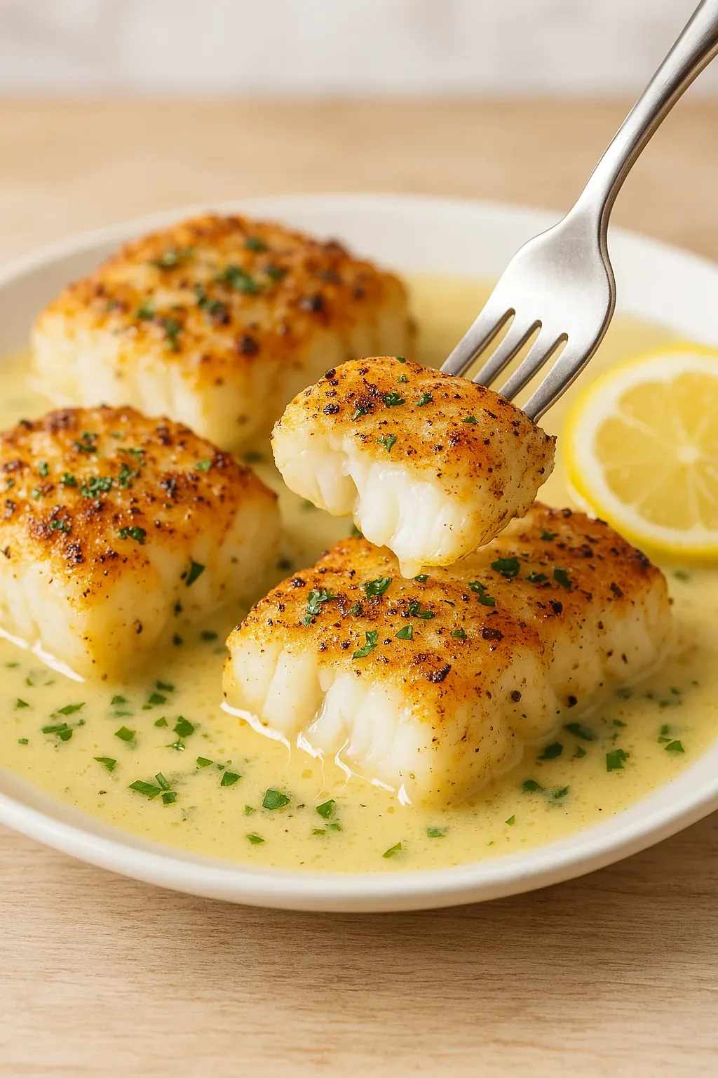 A plate of fish with a fork on it.