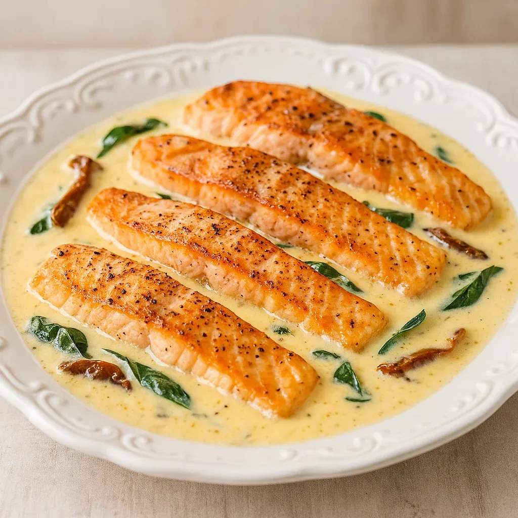 A dish of salmon covered in creamy sauce.