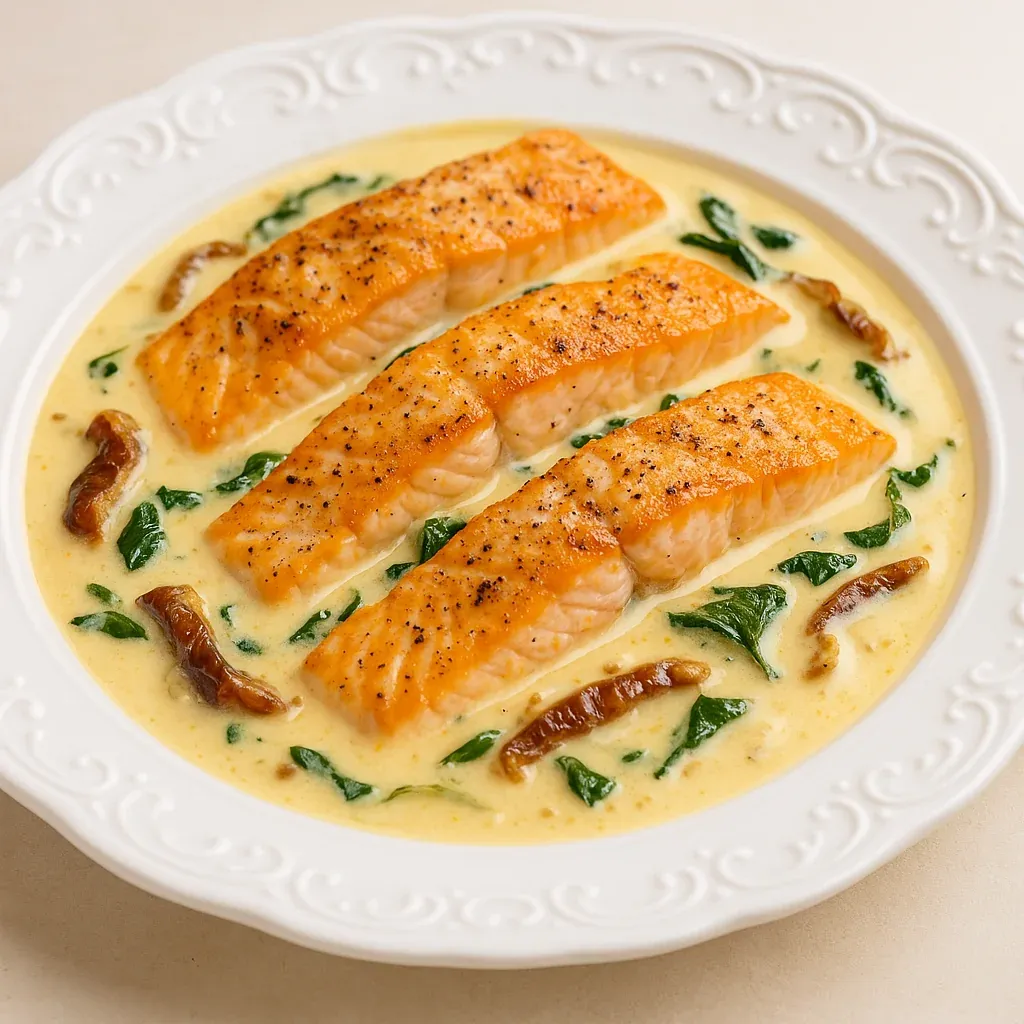 A plate of fish with mushrooms and spinach.