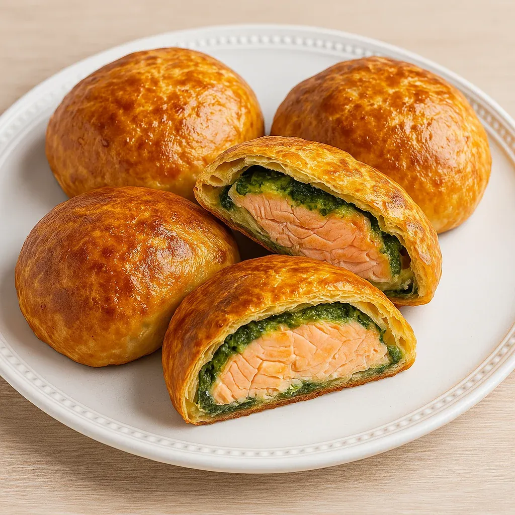 Golden flaky pastry rolled with salmon and spinach.