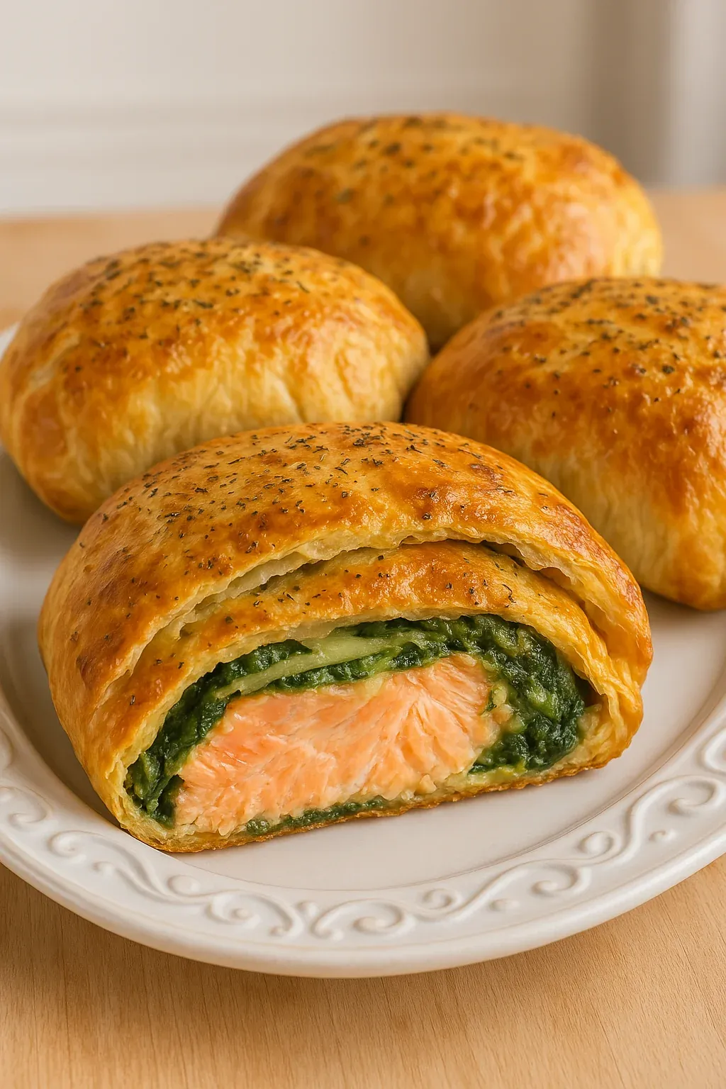 A plate of food with a fish roll and a roll with a green filling.
