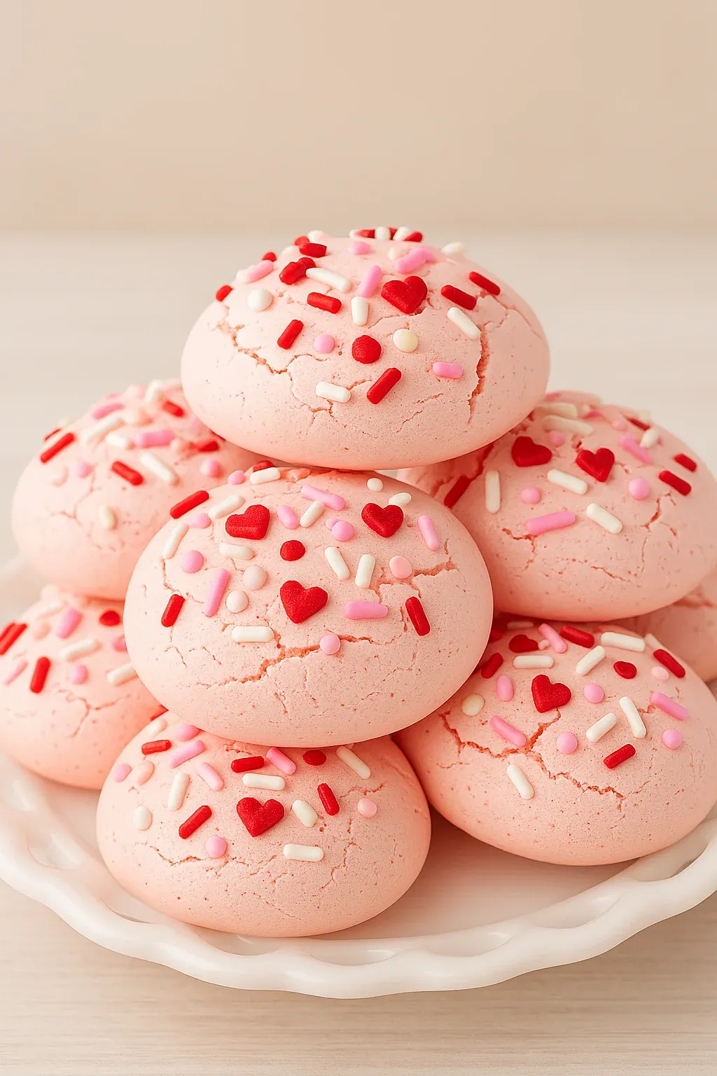 A stack of pink cookies with hearts on them.