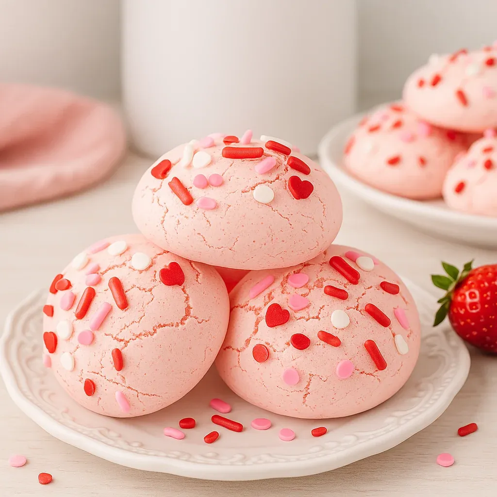 A plate of pink cookies topped with red heart designs.