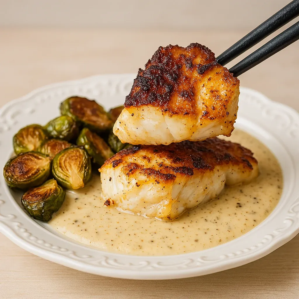 A plate with cod and roasted vegetables.