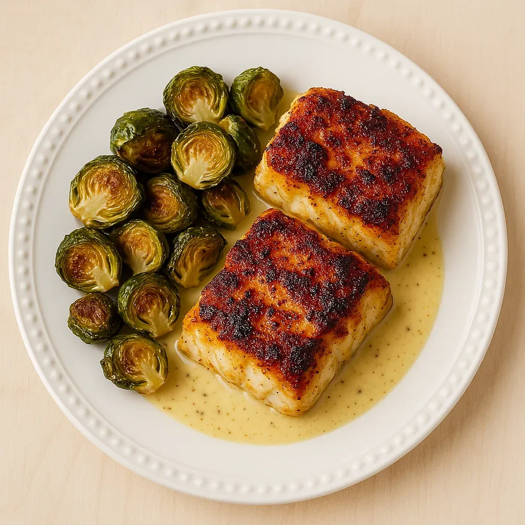 A plate of fish and brussel sprouts.