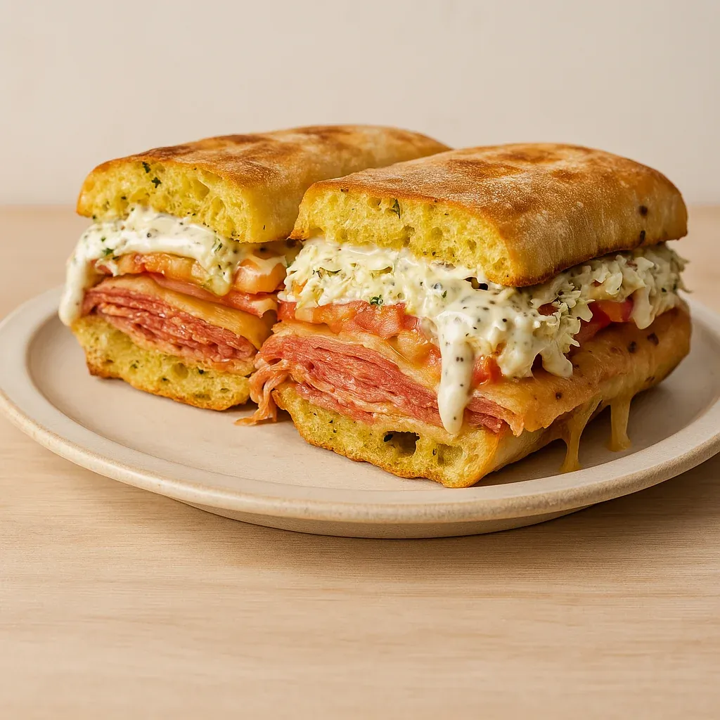 Two sandwiches stacked on a plate.