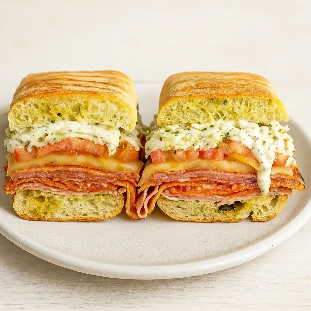 A sandwich with meat and cheese on a plate.