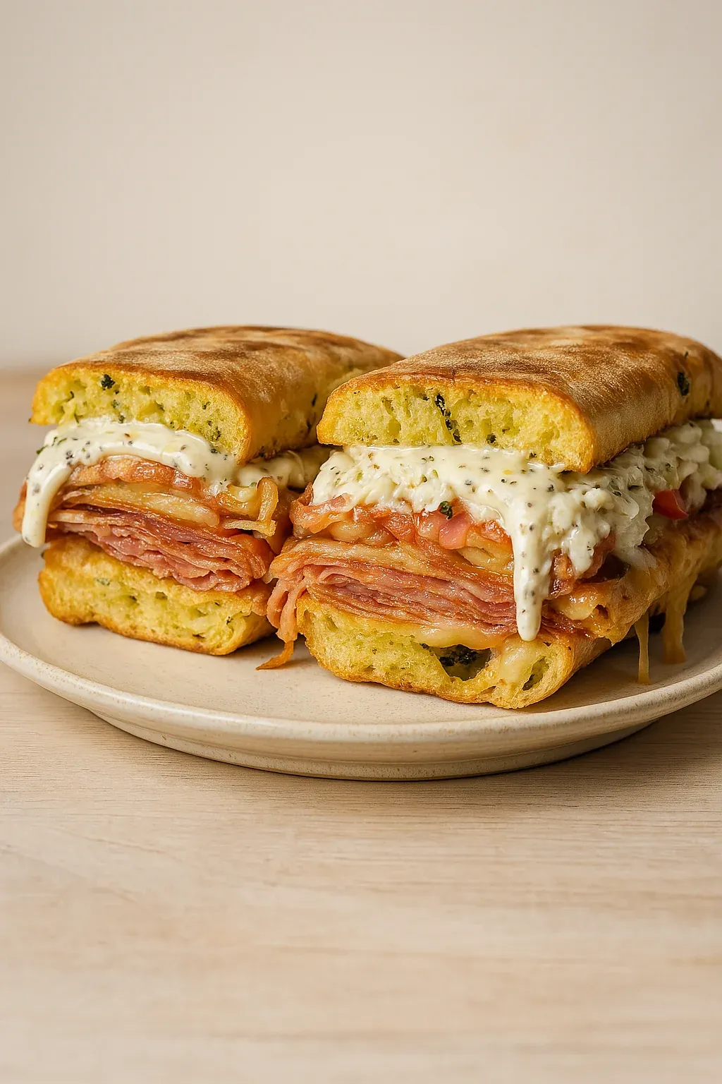 A sandwich with meat and cheese on a plate.