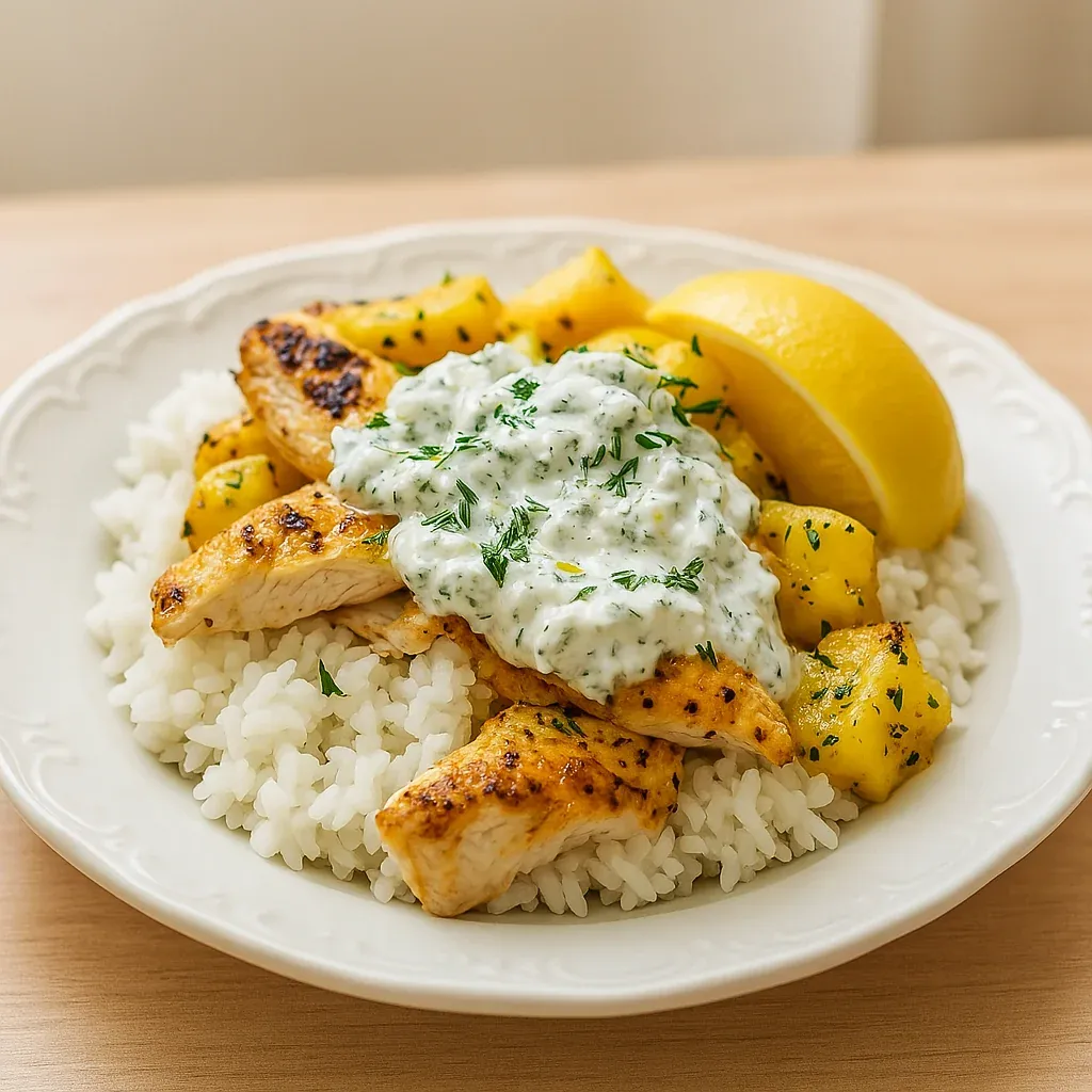 A bowl of rice with chicken and lemon wedge on the side.