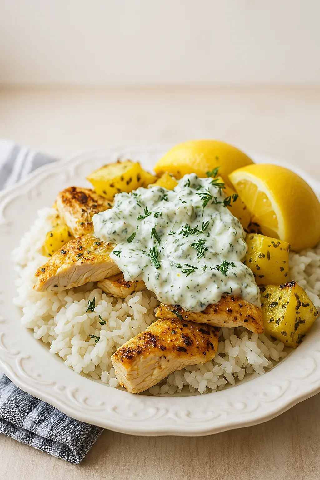 A plate of food with rice, chicken, and lemon wedges.