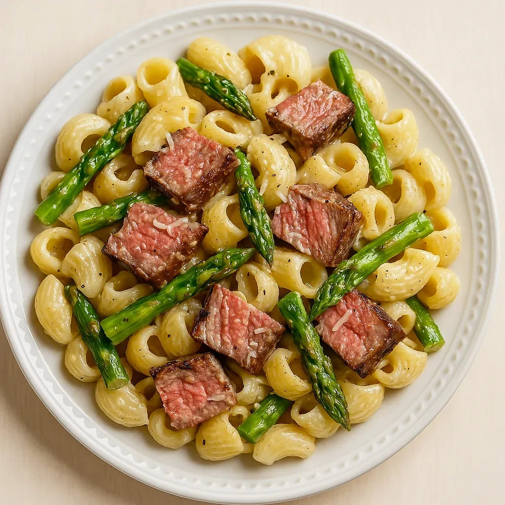 Delicious pasta topped with steak and asparagus on a plate.