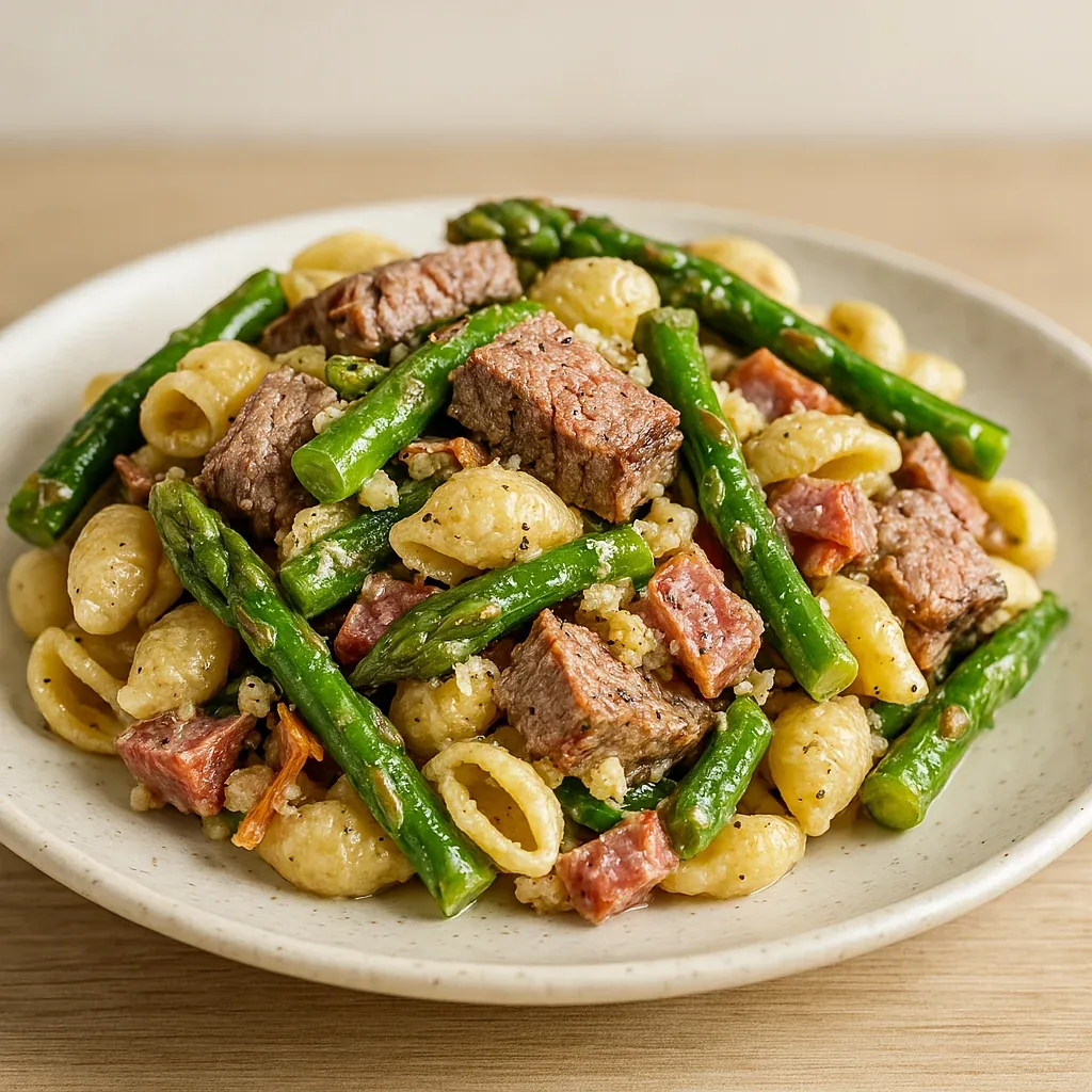 A plate of pasta with meat and green beans.